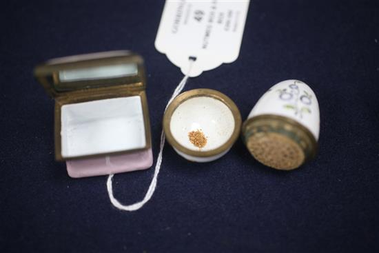 A late 18th century English enamel egg shaped nutmeg box and a small patch box, 2in. and 1.5in.